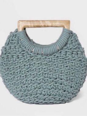 a new day Woven Round Tote in Dusty Blue with Wooden Handles